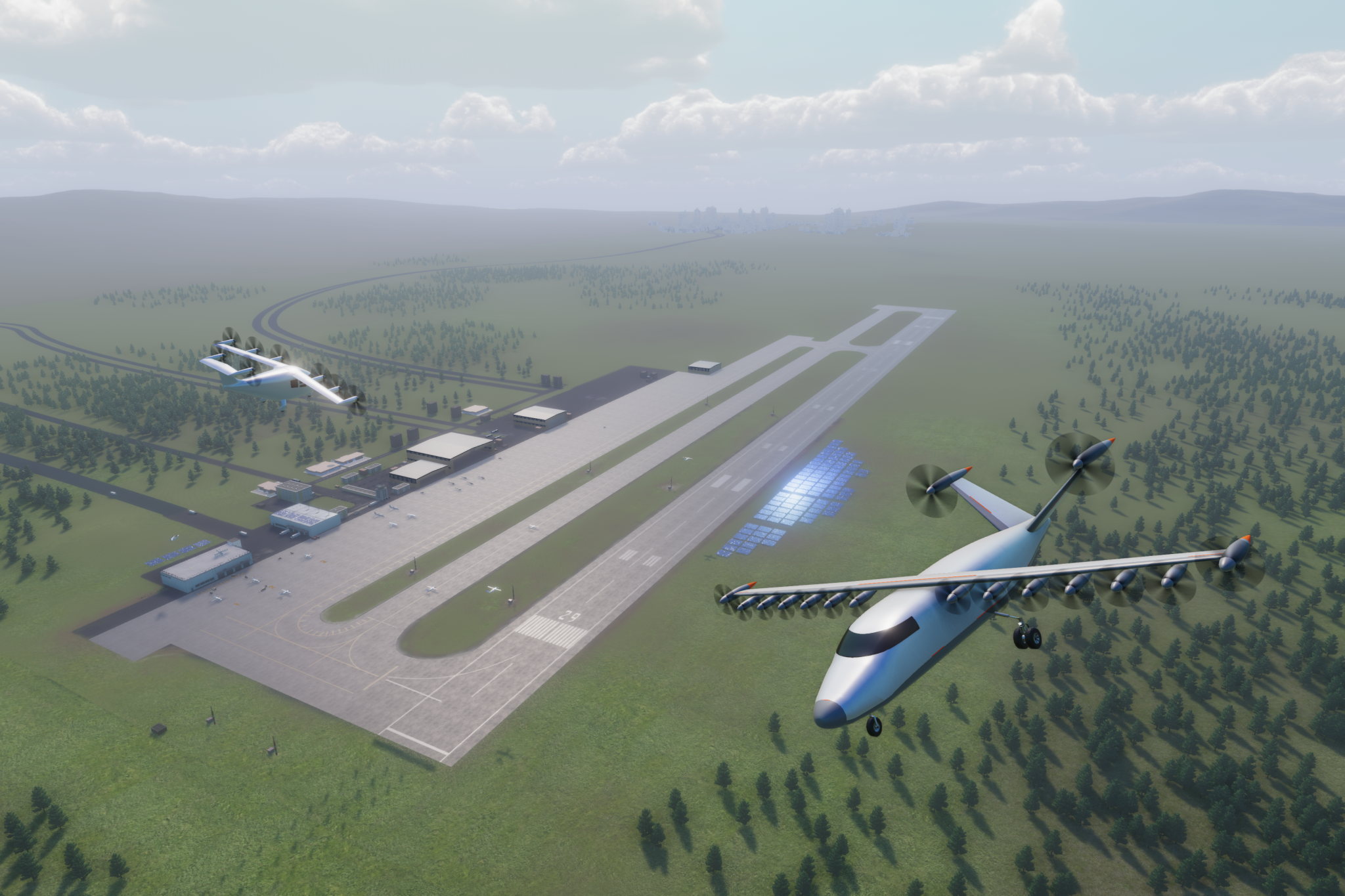 a regional airport with conceptual planes flying overhead