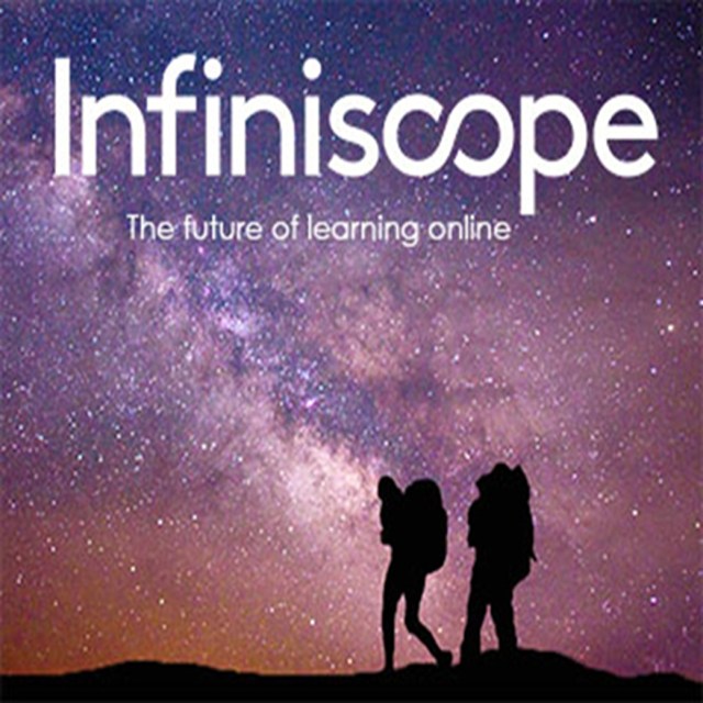 Silhouette of two hikers in front of a star-filled night sky with the word Infiniscope and The future of learning online