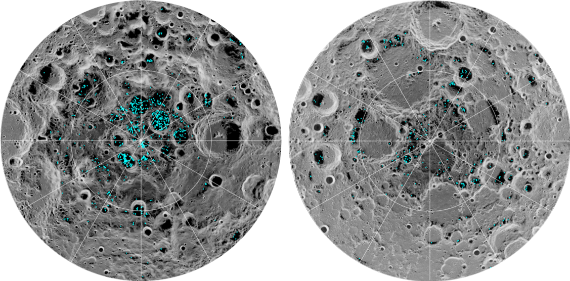 The distribution of surface ice at the Moon’s south pole (left) and north pole (right), concentrated in the shadows of craters.