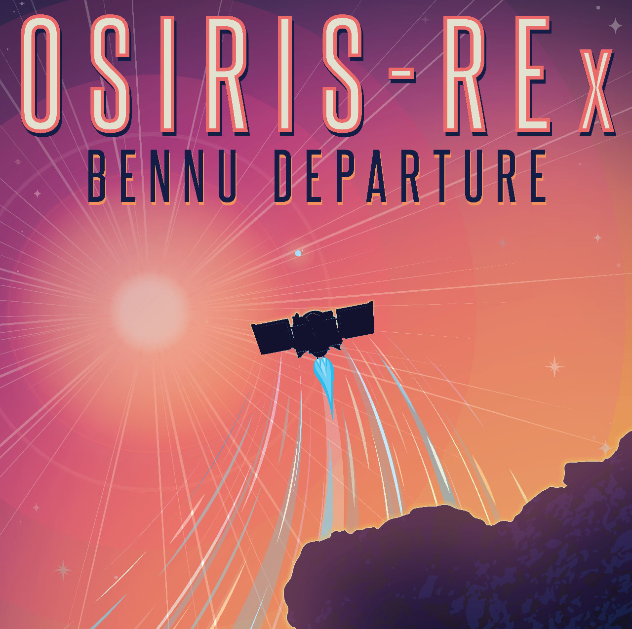 pinkish-purple-hued poster with silhouette illustration of OSIRIS-REx spacecraft departing asteroid Bennu