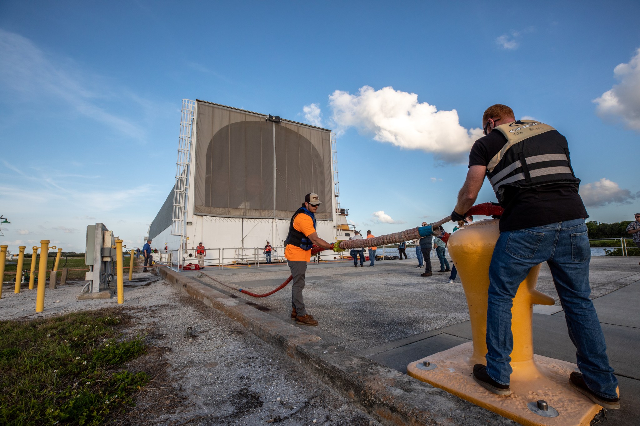 The Space Launch System core stage for Artemis I arrives at Kennedy Space Center in Florida on April 27, 2021.