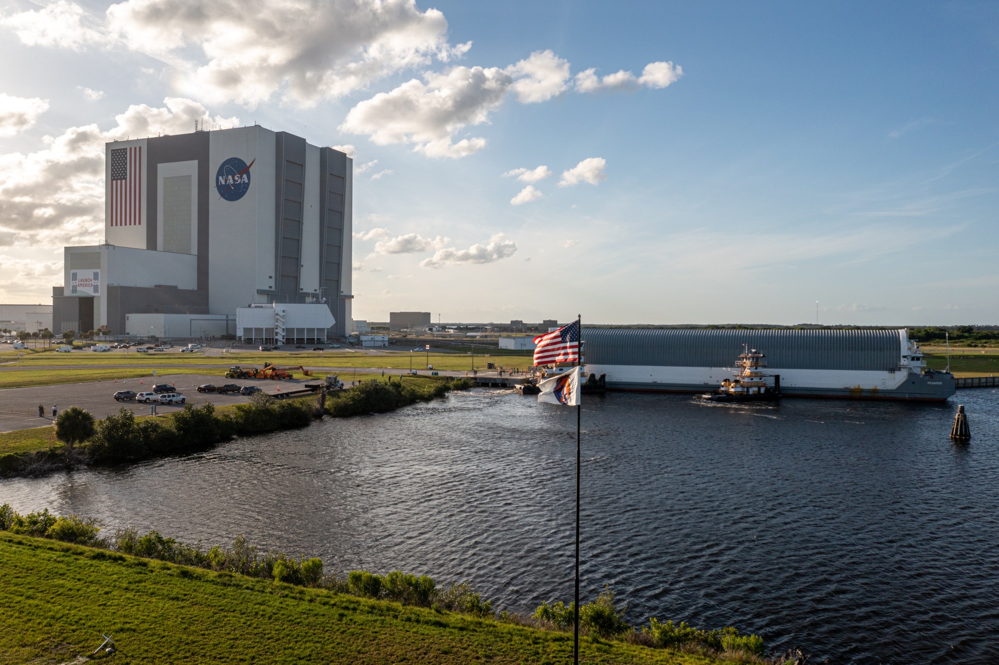 The Space Launch System core stage for Artemis I arrives at Kennedy Space Center in Florida on April 27, 2021.