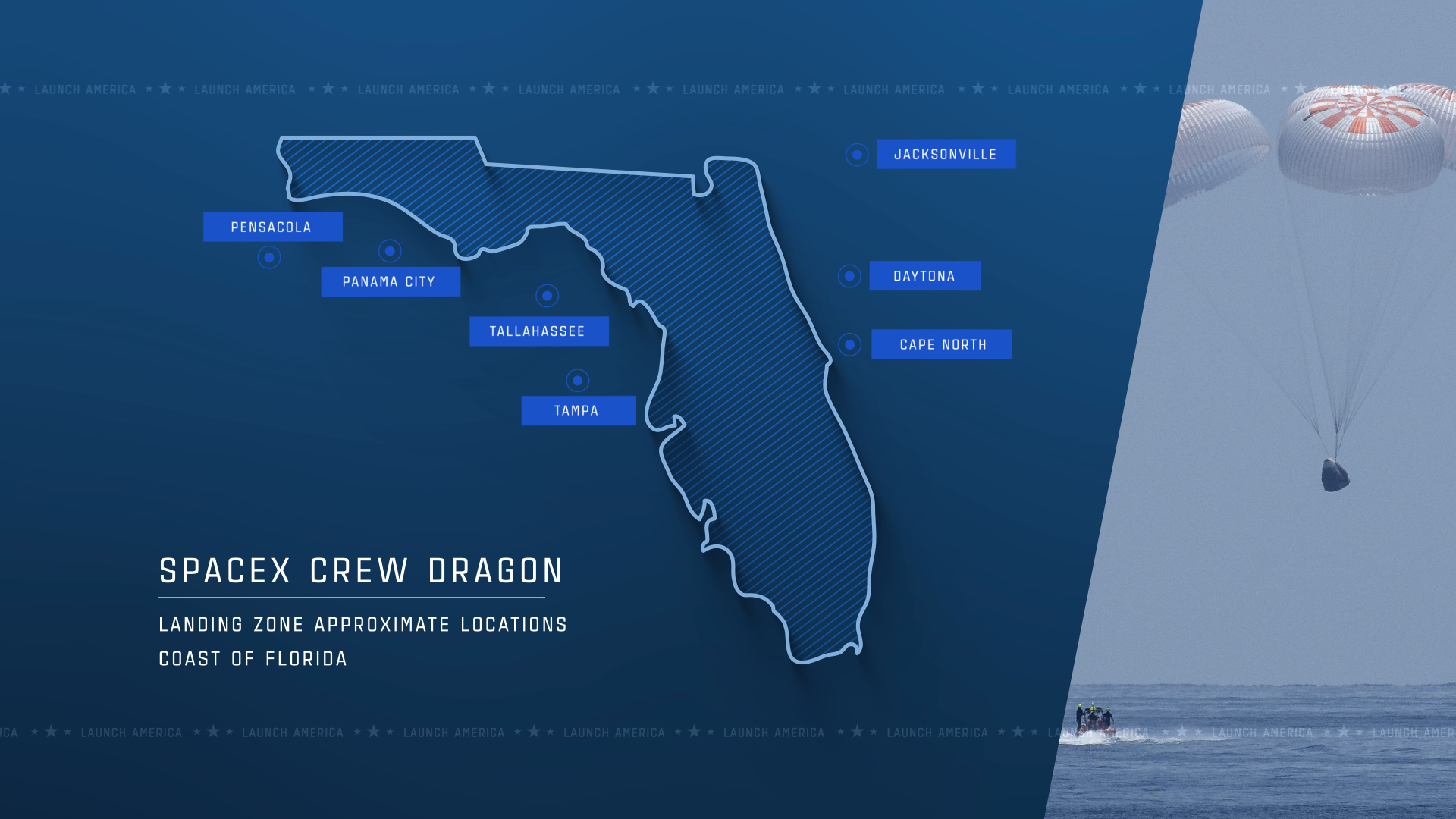 Approximate landing zone locations for the SpaceX Crew Dragon