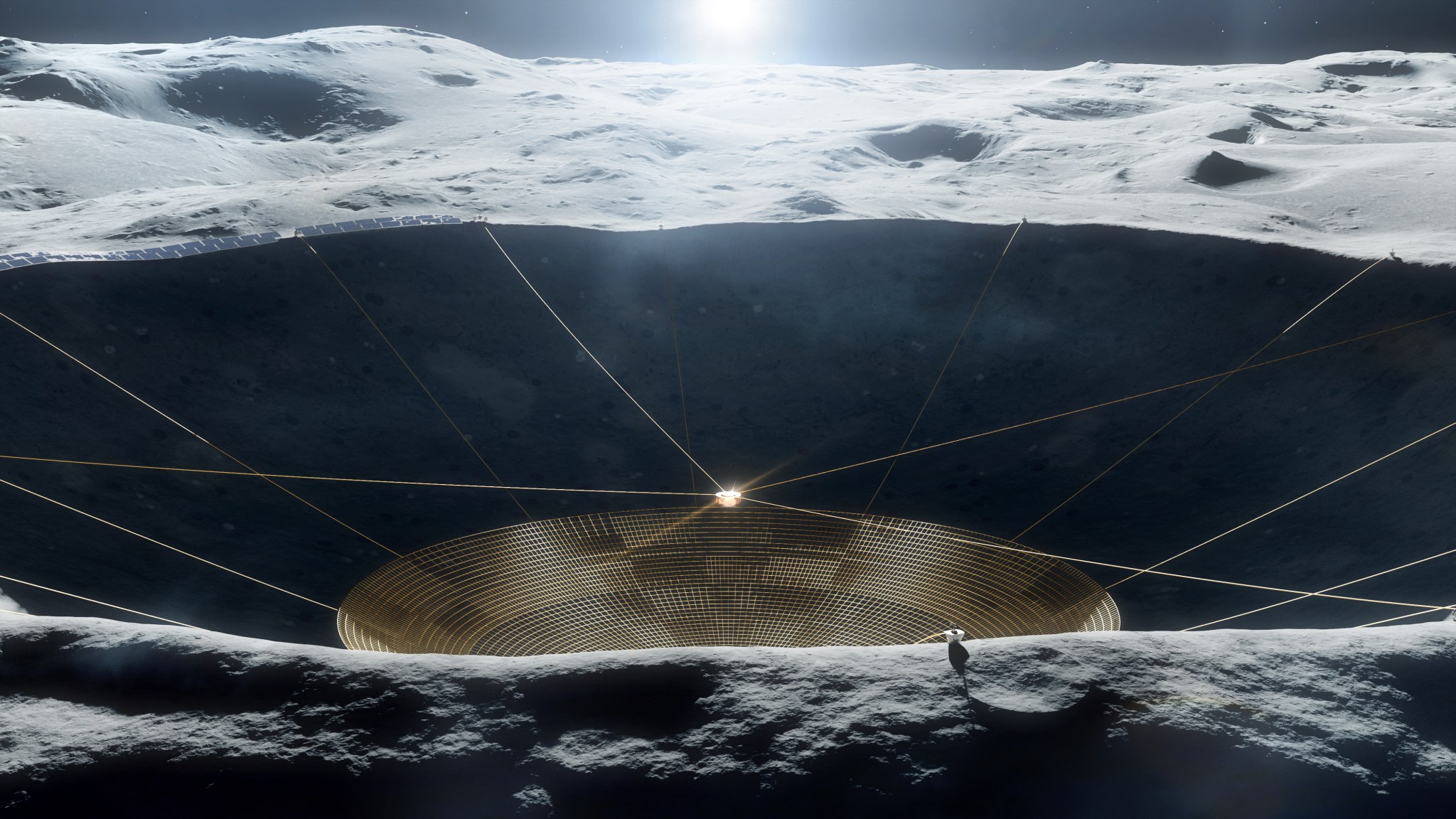 Illustration of a conceptual radio telescope within a crater on the Moon.