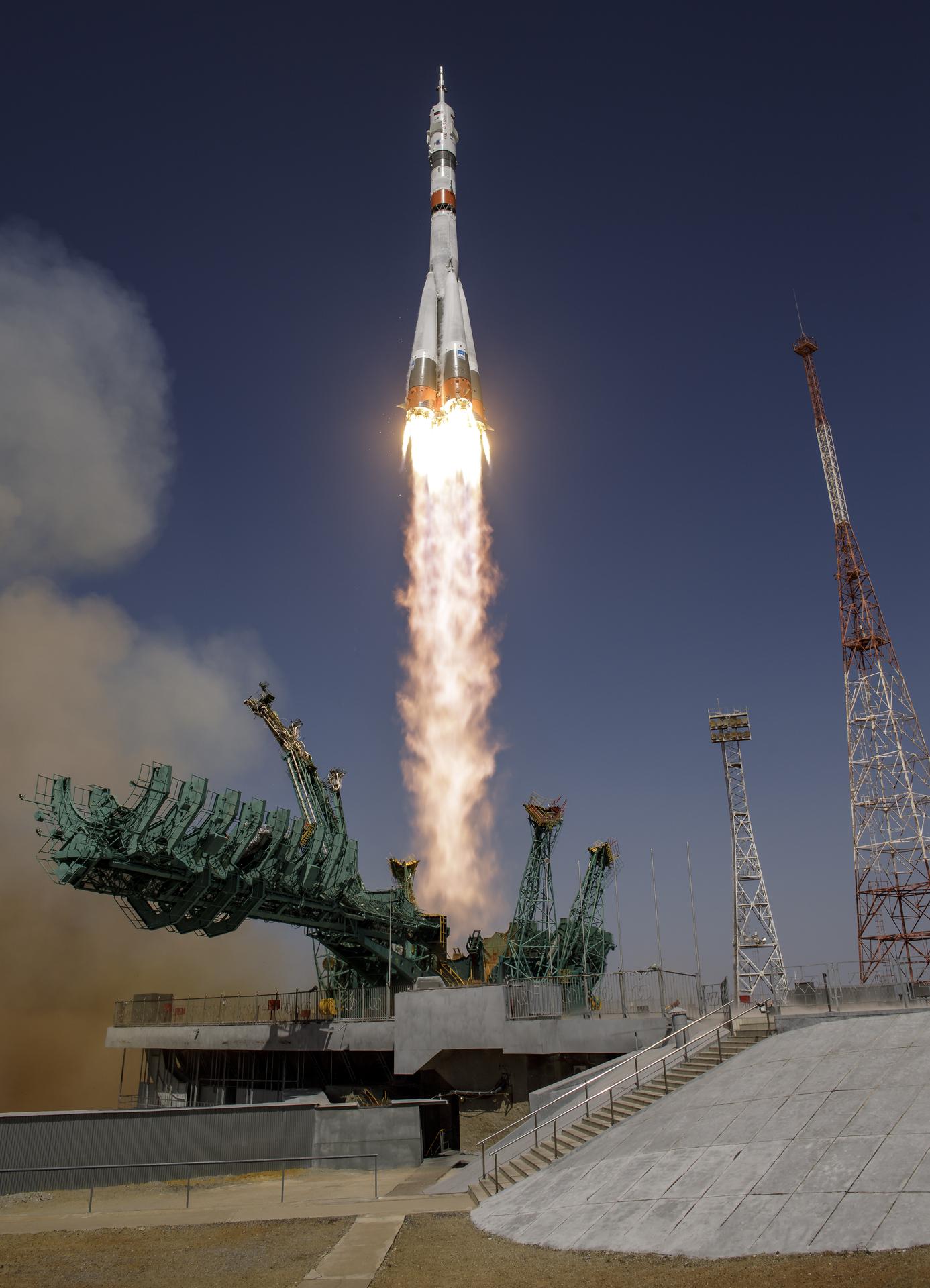 The Soyuz MS-18 rocket carrying NASA astronaut Mark Vande Hei and Roscosmos cosmonauts Pyotr Dubrov and Oleg Novitskiy launches April 9 at the Baikonur Cosmodrome in Kazakhstan. 