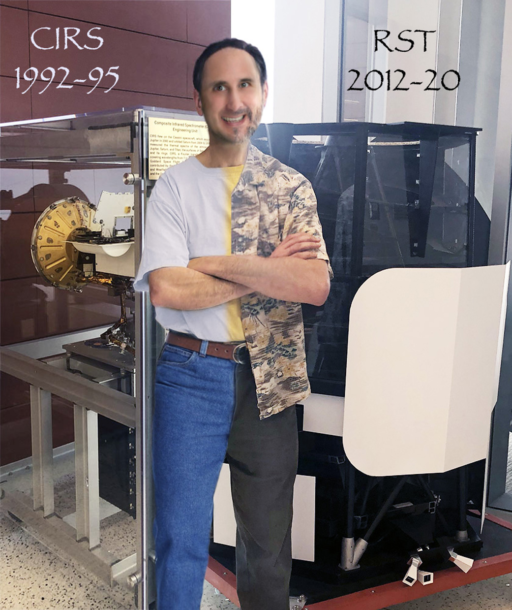 Then and Now: Bert Pasquale poses in front of his first and most recent flight projects wearing half jeans and half black plants and half of a white t shirt and half of a short sleeved button down.