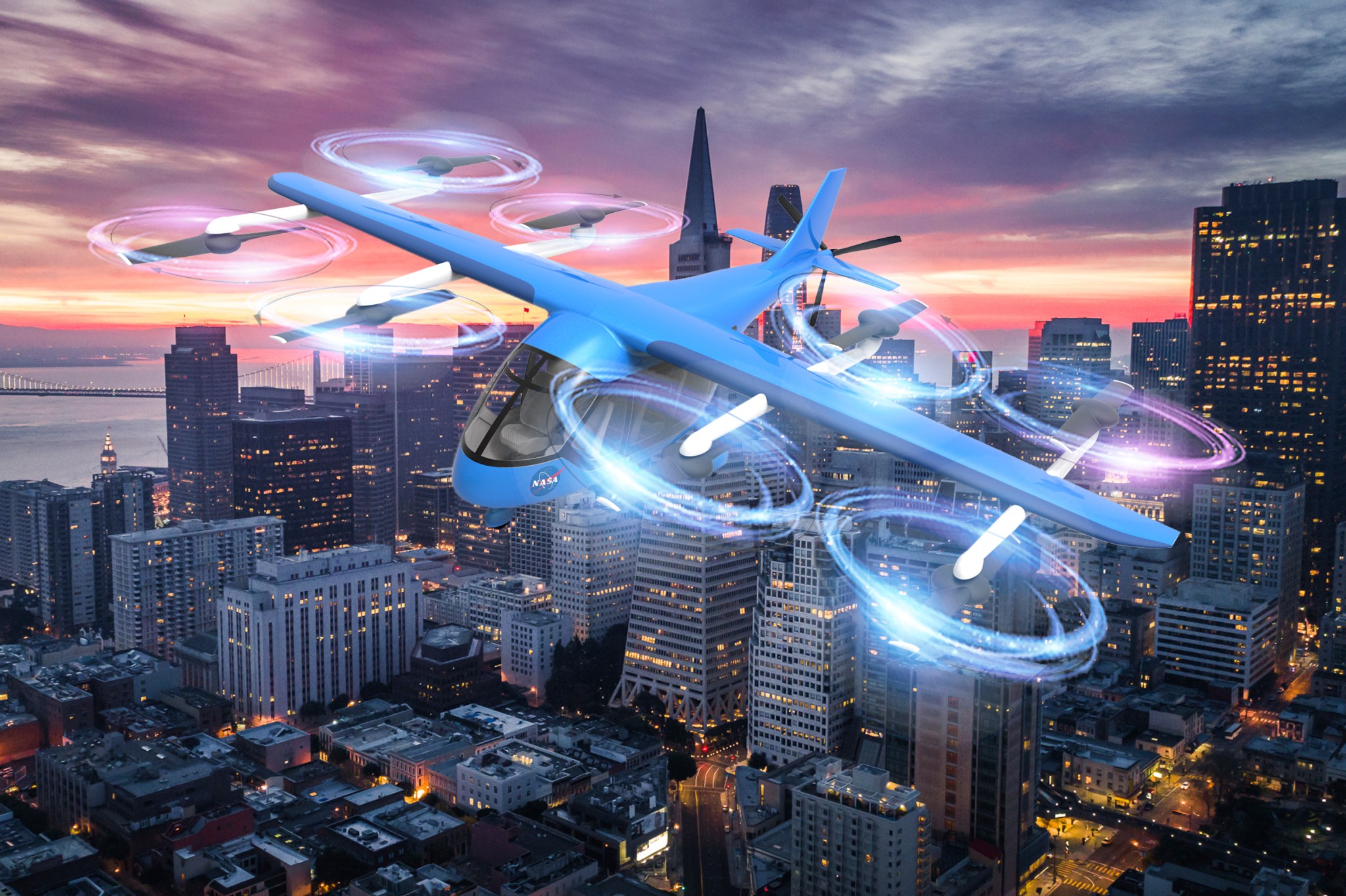 Artist concept of an unmanned aircraft in flight over San Francisco, California.