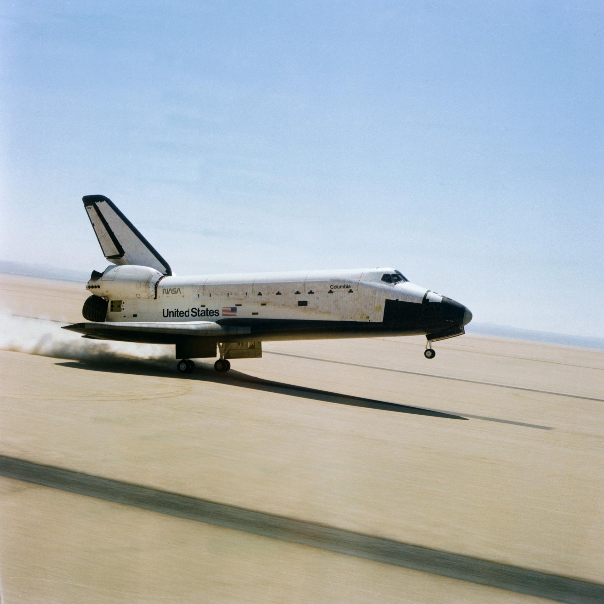 Space Shuttle Columbia landed on April 14, 1981 to conclude the first shuttle mission to space.