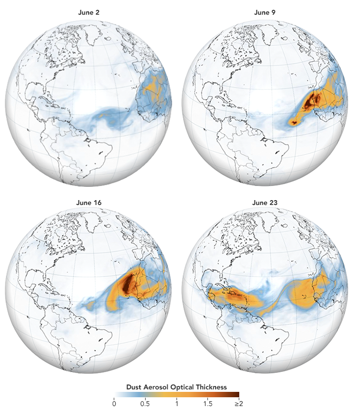 4 panel models showing dust aerosol optical thickness.