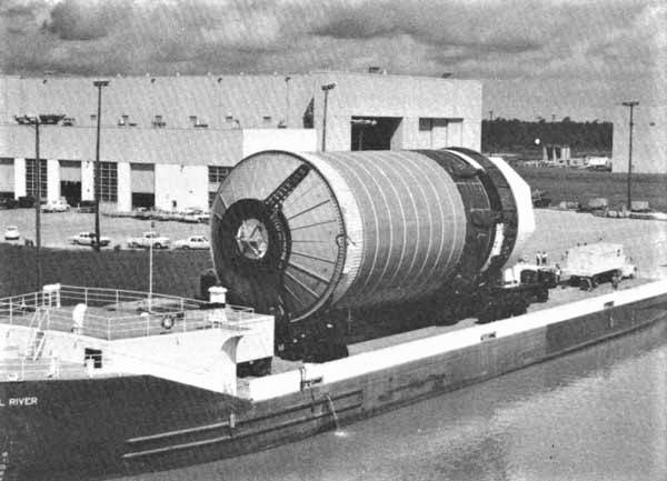 The arrival by barge of the first flight stage (S-II-1), the second stage for the first Saturn V launch vehicle at the Mississippi Test Facility.