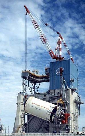 Ground crews hoist an S-II second stage into the A-2 test stand at MTF.