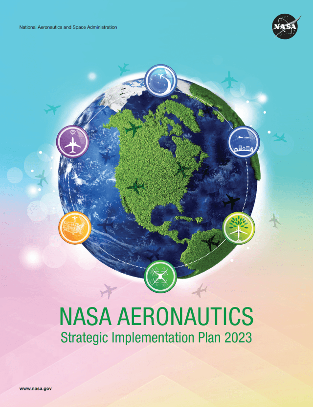 An artistic representation of Earth showing North and South America surrounded by aviation-themed graphic icons that symbolize the six strategic research thrusts of NASA’s aeronautics investigations.