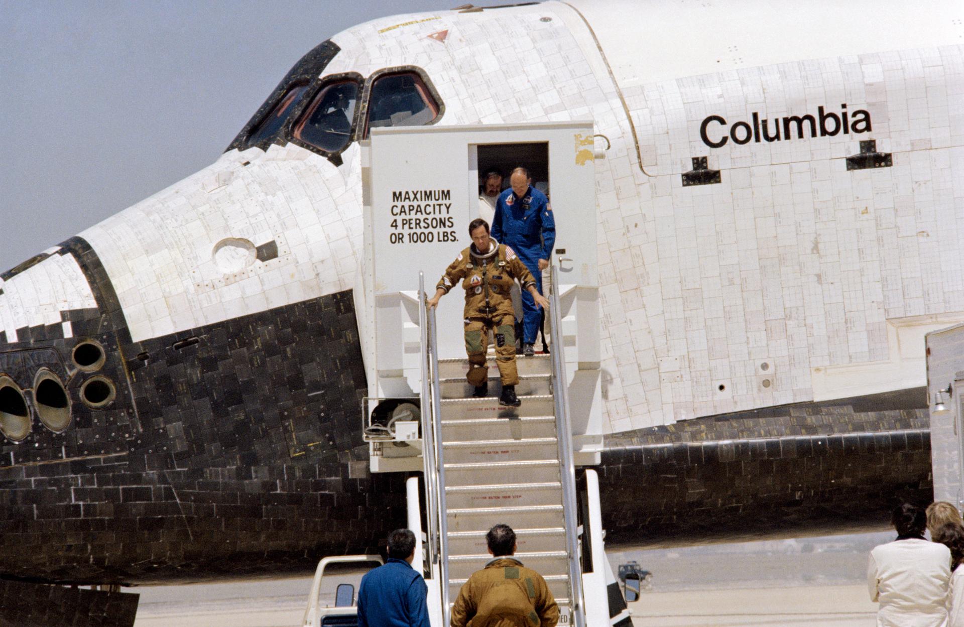 STS-1 Pilot Robert Crippen exits space shuttle Columbia following touchdown at Edwards Air Force Base on April 14, 1981.