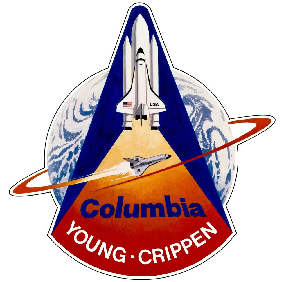 Crew Patch for STS-1 showing the orbiter in launch with words Columbia, Young, Crippen in the flames of the orbiter