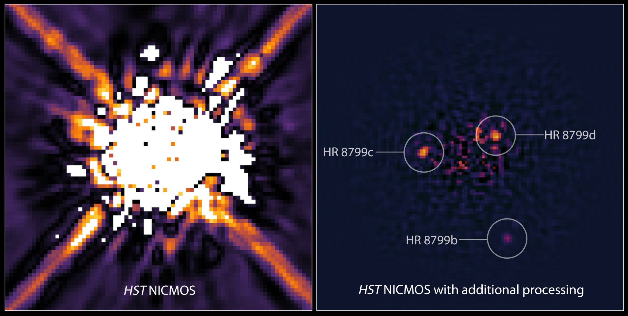 This is an image of the star HR 8799 taken by Hubble’s Near Infrared Camera and Multi-Object Spectrometer (NICMOS) in 1998.