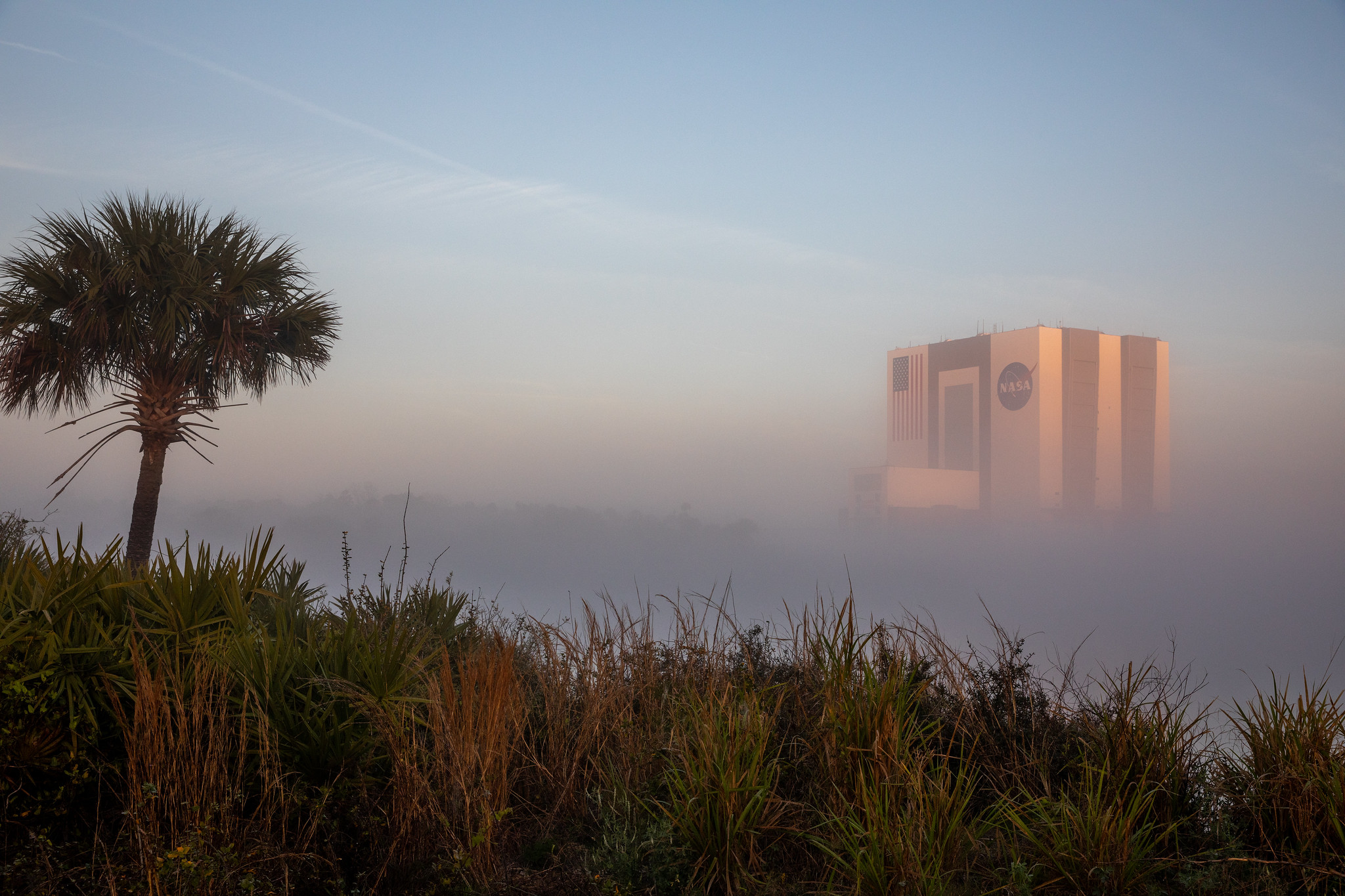 Vehicle Assembly Building in the fog, March 2021