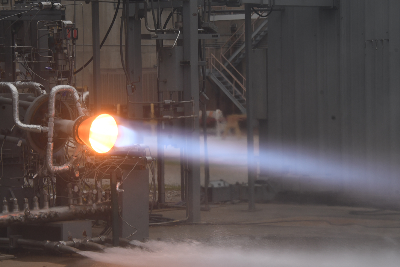 The Robotic Deposition Technology team completes the first phase of testing a 3D-printed metal thrust chamber assembly at Marshall. 