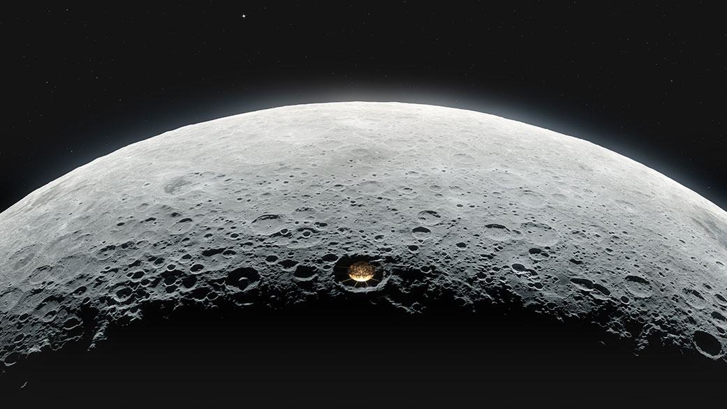 This illustration depicts a conceptual Lunar Crater Radio Telescope on the Moon’s far side. 