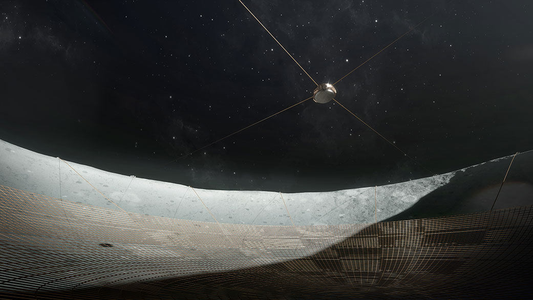The conceptual radio telescope could be constructed from a wire mesh dish inside a crater. 