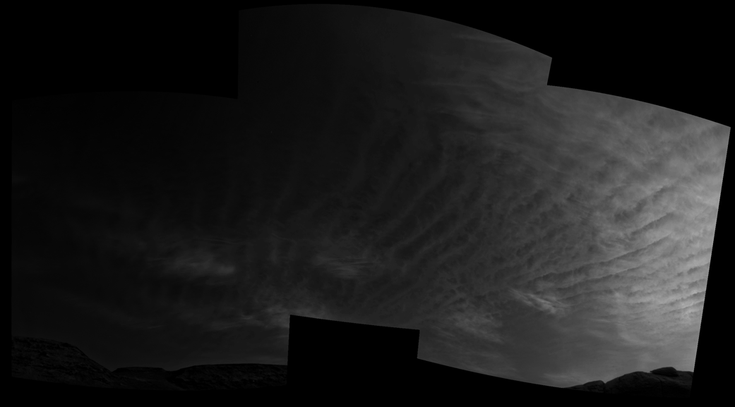 Using the navigation cameras on its mast, NASA’s Curiosity Mars rover took these images of clouds just after sunset on March 31, 2021, the 3,075th so, or Martian day, of the mission.
