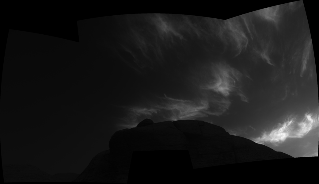 Using the navigation cameras on its mast, NASA’s Curiosity Mars rover took these images of clouds just after sunset on March 28, 2021, the 3,072nd sol, or Martian day, of the mission.