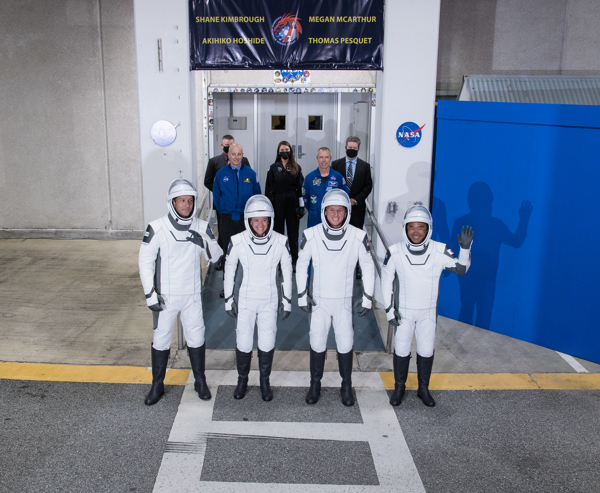 From left to right, ESA (European Space Agency) astronaut Thomas Pesquet, NASA astronauts Megan McArthur and Shane Kimbrough, and Japan Aerospace Exploration Agency (JAXA) astronaut Akihiko Hoshide, wearing SpaceX spacesuits