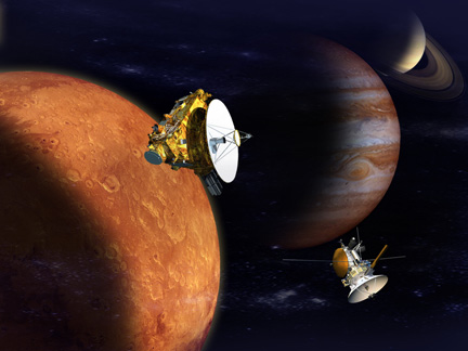 Radioisotopic Thermoelectric Generators in space with planets in the background.