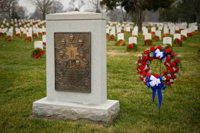 The Space Shuttle Challenger Memorial is seen after a wreath laying ceremony that was part of NASA's Day of Remembrance, Thursday, Jan. 26, 2012, at Arlington National Cemetery. Credits: NASA/Bill Ingalls