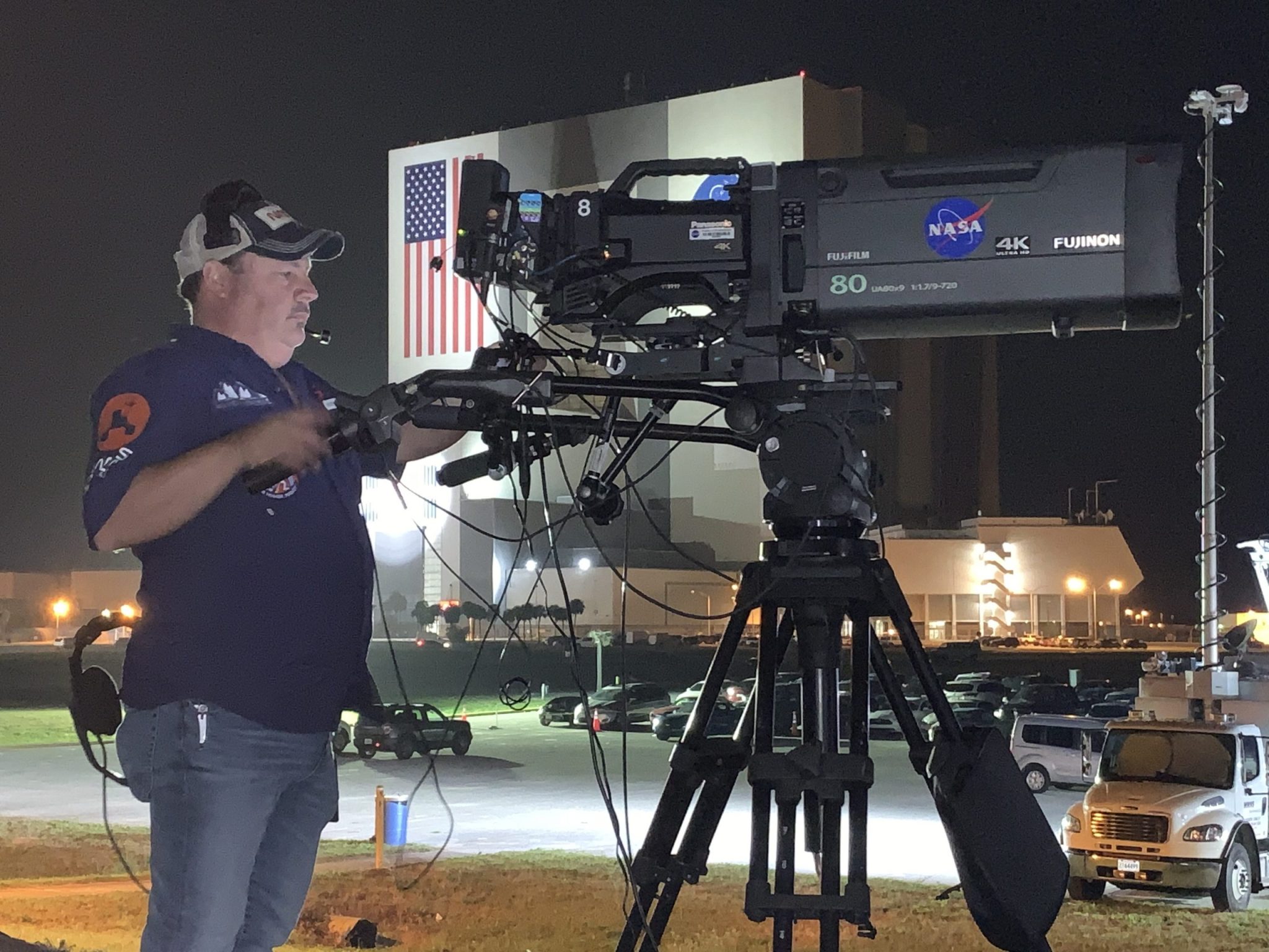 KSCTV personnel records a NASA launch broadcast at the NASA News Center.