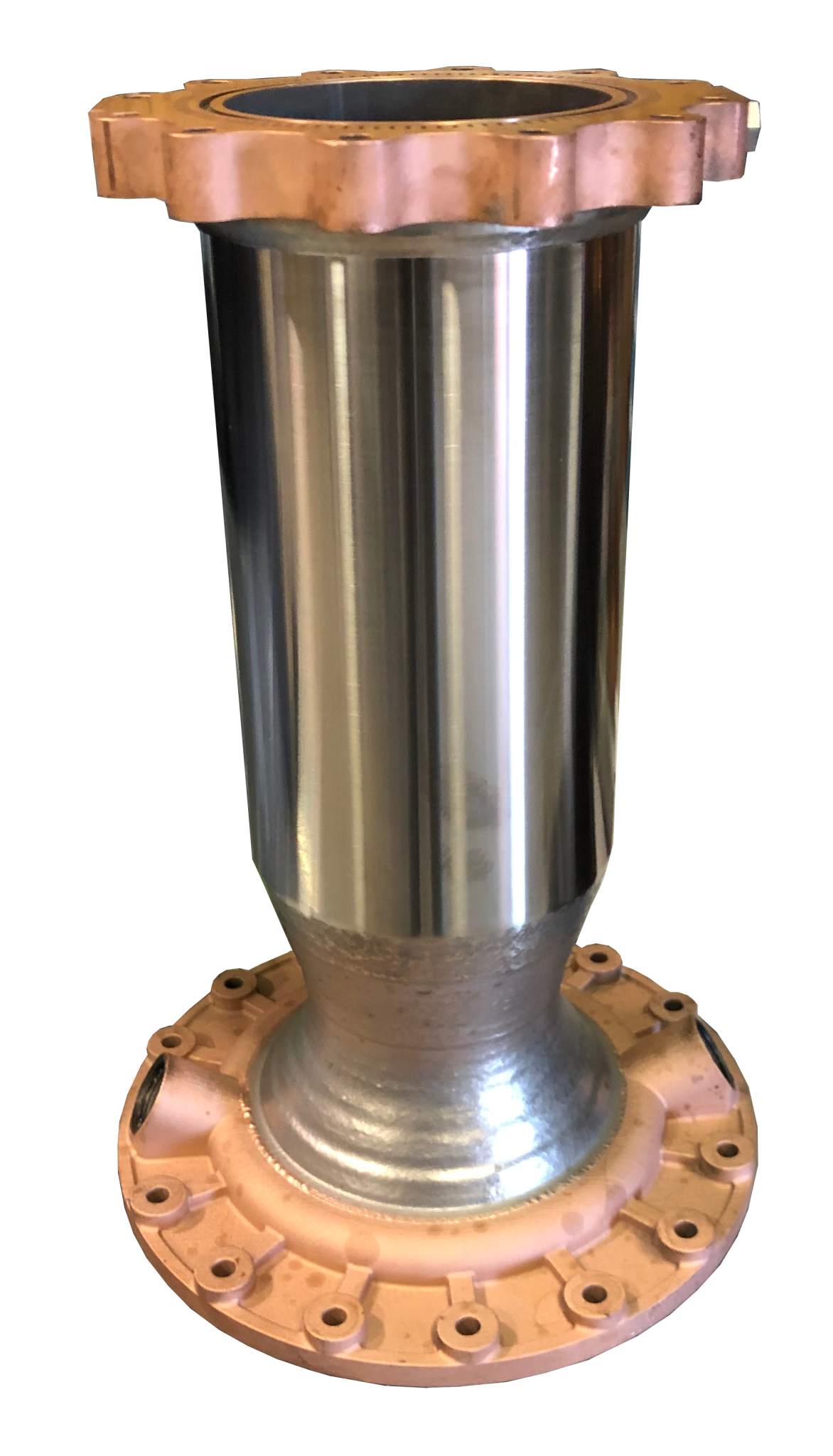 3D-printed bimetallic lightweight thrust chamber assembly before hot fire testing at NASA’s Marshall Space Flight Center in Huntsville, Alabama.