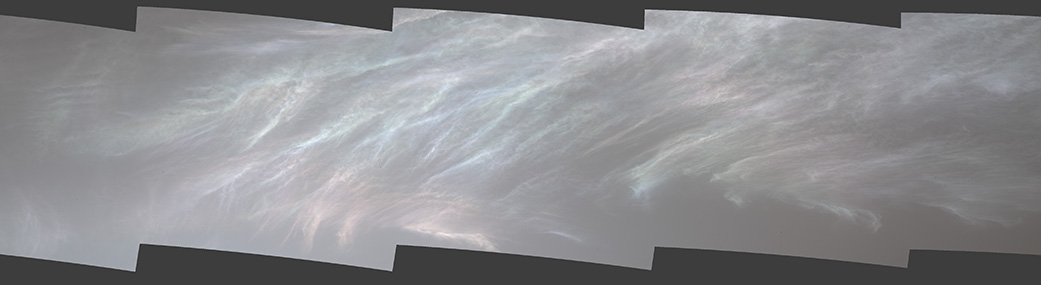 NASA’s Curiosity Mars rover spotted these iridescent, or “mother of pearl,” clouds on March 5, 2021