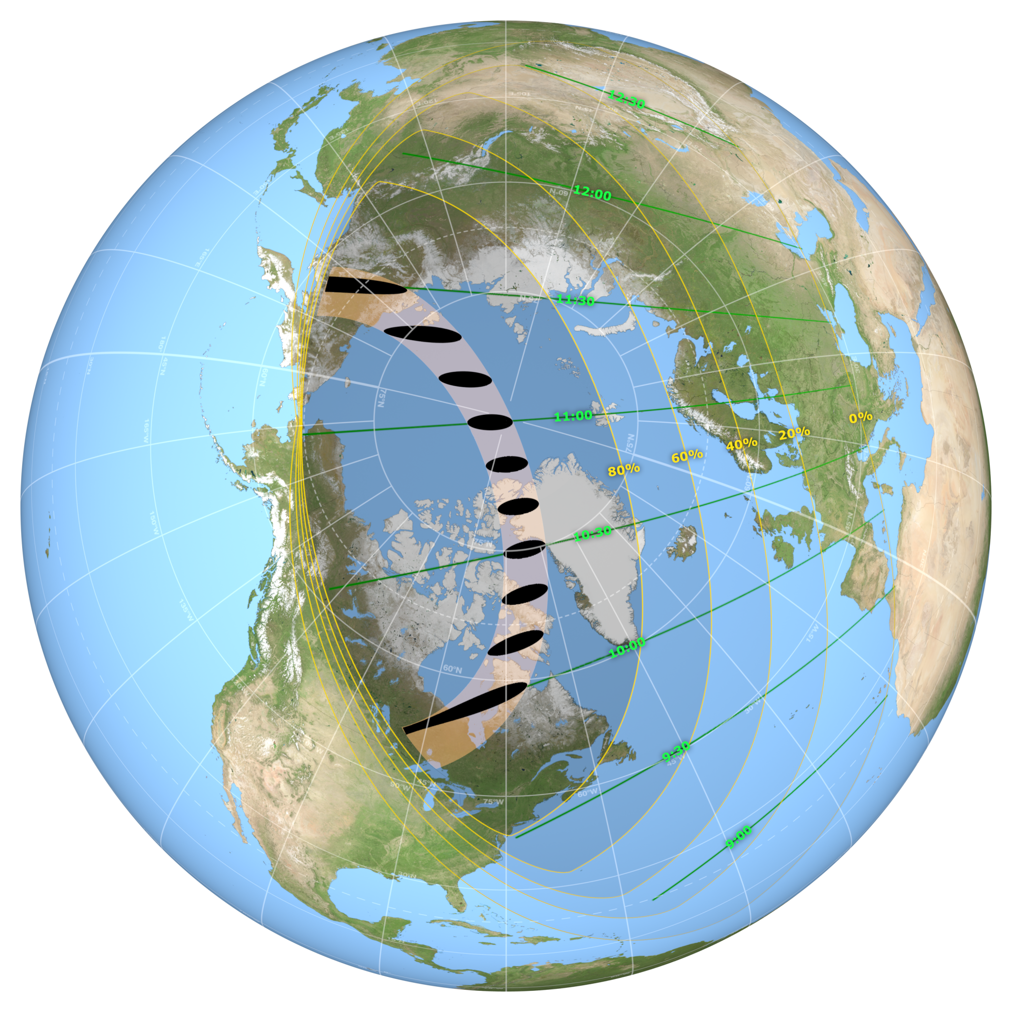 An illustration of Earth with the shadow of the eclipse path. The shadow is split into how close to full annularity the eclipse reaches, including 80%, 60%, 40%, 20%, and 0%. The shadow crosses North America, Africa, Europe, and Asia.