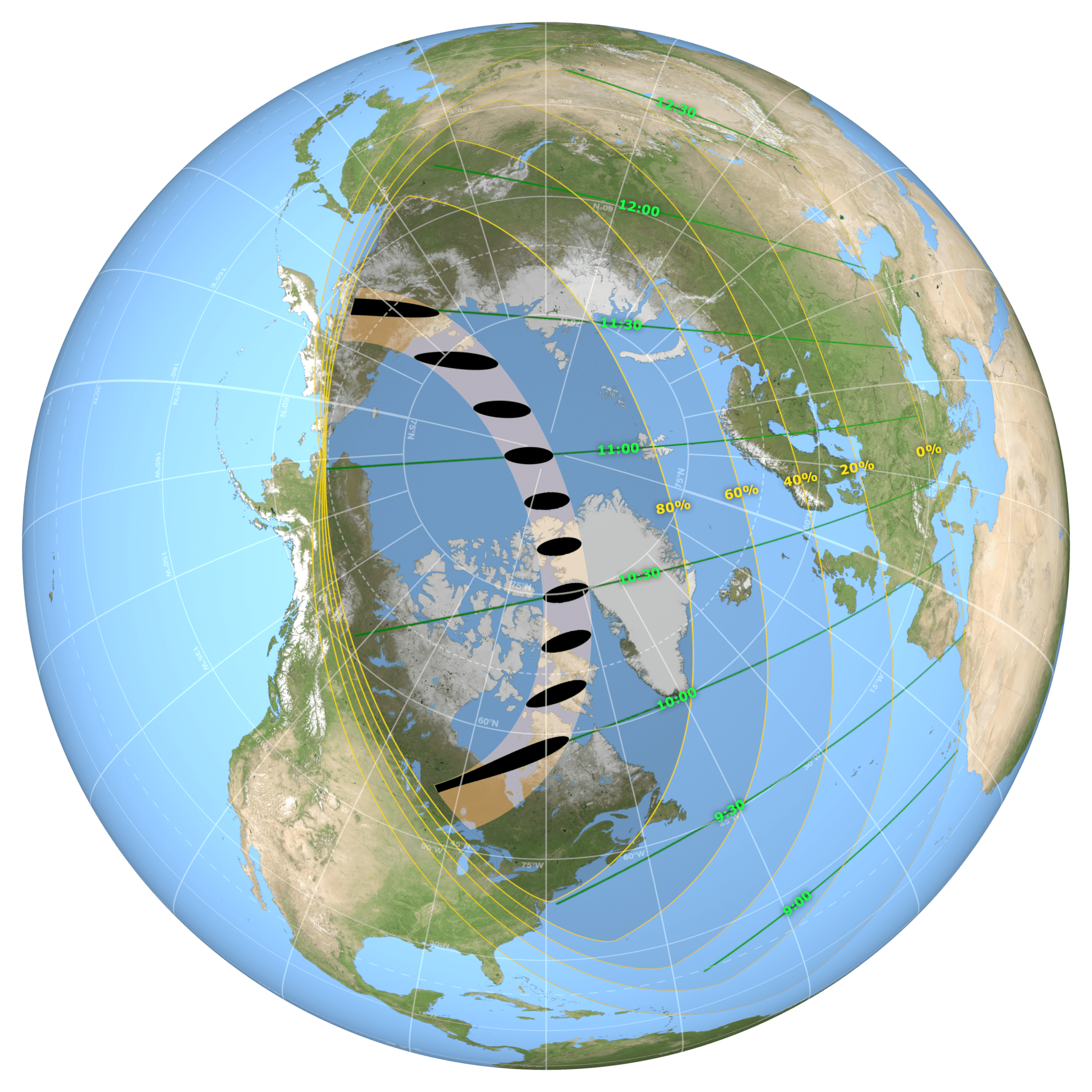 An illustration of Earth with the shadow of the eclipse path. The shadow is split into how close to full annularity the eclipse reaches, including 80%, 60%, 40%, 20%, and 0%. The shadow crosses North America, Africa, Europe, and Asia.