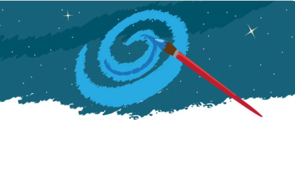 Cartoon paintbrush paints a spiral galaxy in space. Space Place Art Challenge