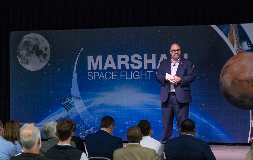 Joseph Pelfrey, manager of Marshall’s Human Exploration Development & Operations, addresses team members during a 2019 all-hands meeting. 
