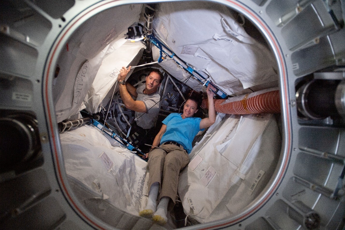 Thomas Pesquet from ESA and Megan McArthur from NASA inside BEAM, the Bigelow Expandable Activity Module.