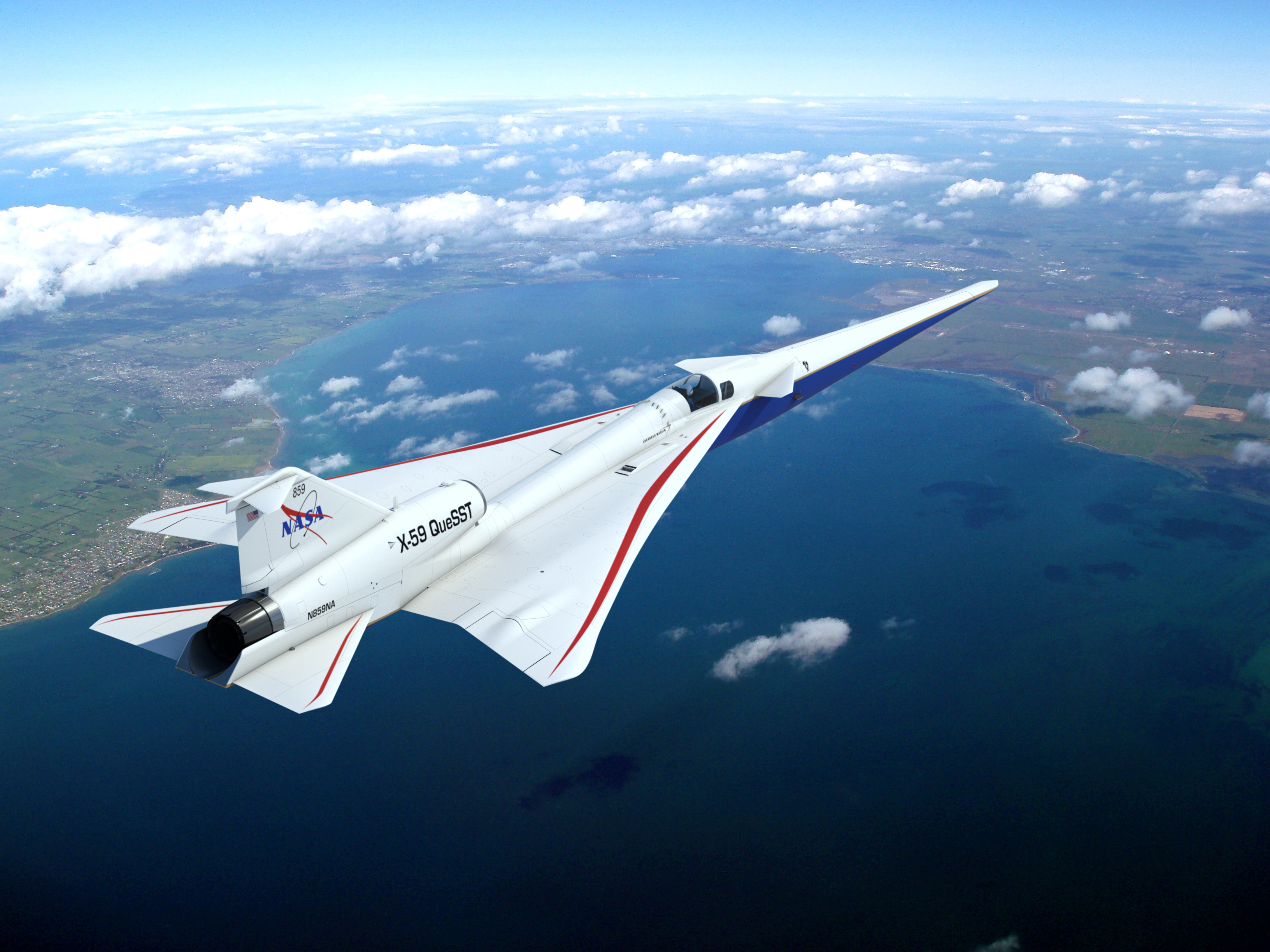 A composite image, which includes an illustration of NASA’s X-59 research aircraft