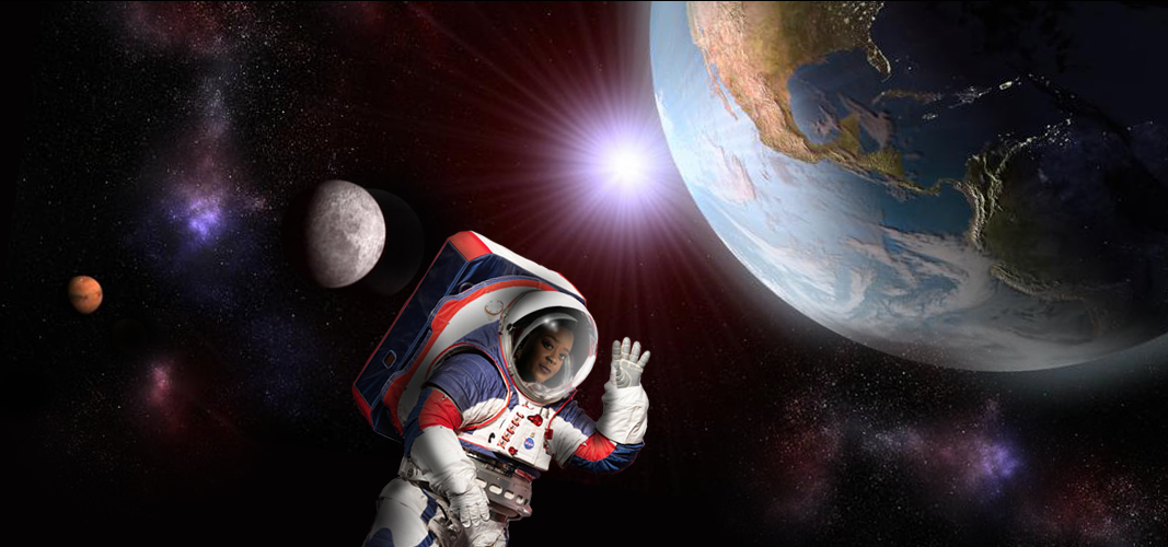 Illustration from NASA's FY 2022 budget request, showing an astronaut, the Earth and other planets.