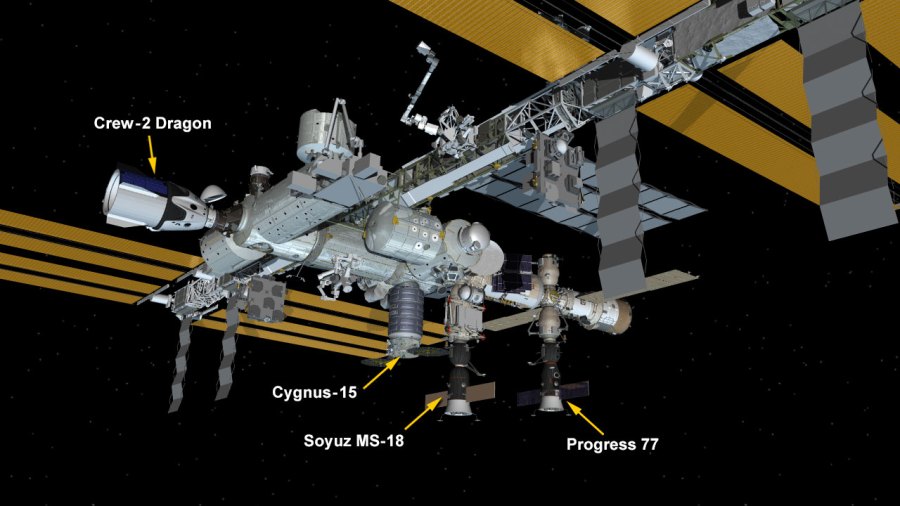 May 1, 2021: International Space Station Configuration. Four spaceships are attached to the space station including the SpaceX Crew Dragon Endeavour, the Northrop Grumman Cygnus cargo craft, and Russia's Soyuz MS-18 crew ship and ISS Progress 77 resupply ship.