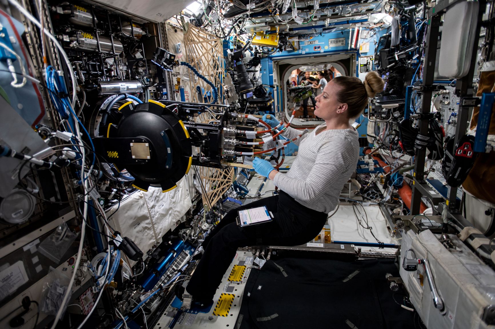 NASA astronaut Kate Rubins adjusts research hardware aboard the International Space Station. Her feet are strapped to the floor to give her leverage as she works in the station's low gravity. The longer she stays in this low gravity, the more her bone density and muscle mass will change. 