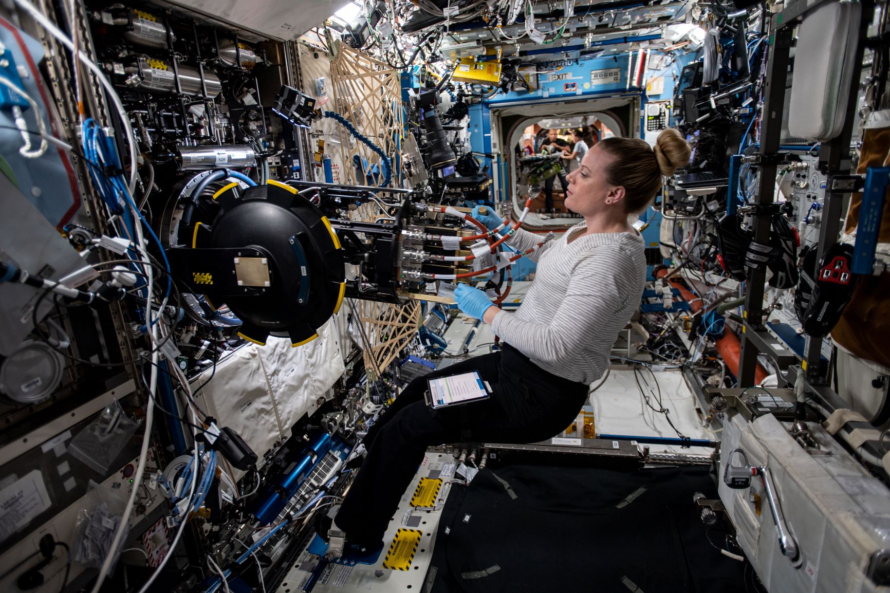 NASA astronaut Kate Rubins adjusts research hardware aboard the International Space Station. Her feet are strapped to the floor to give her leverage as she works in the station's low gravity. The longer she stays in this low gravity, the more her bone density and muscle mass will change.