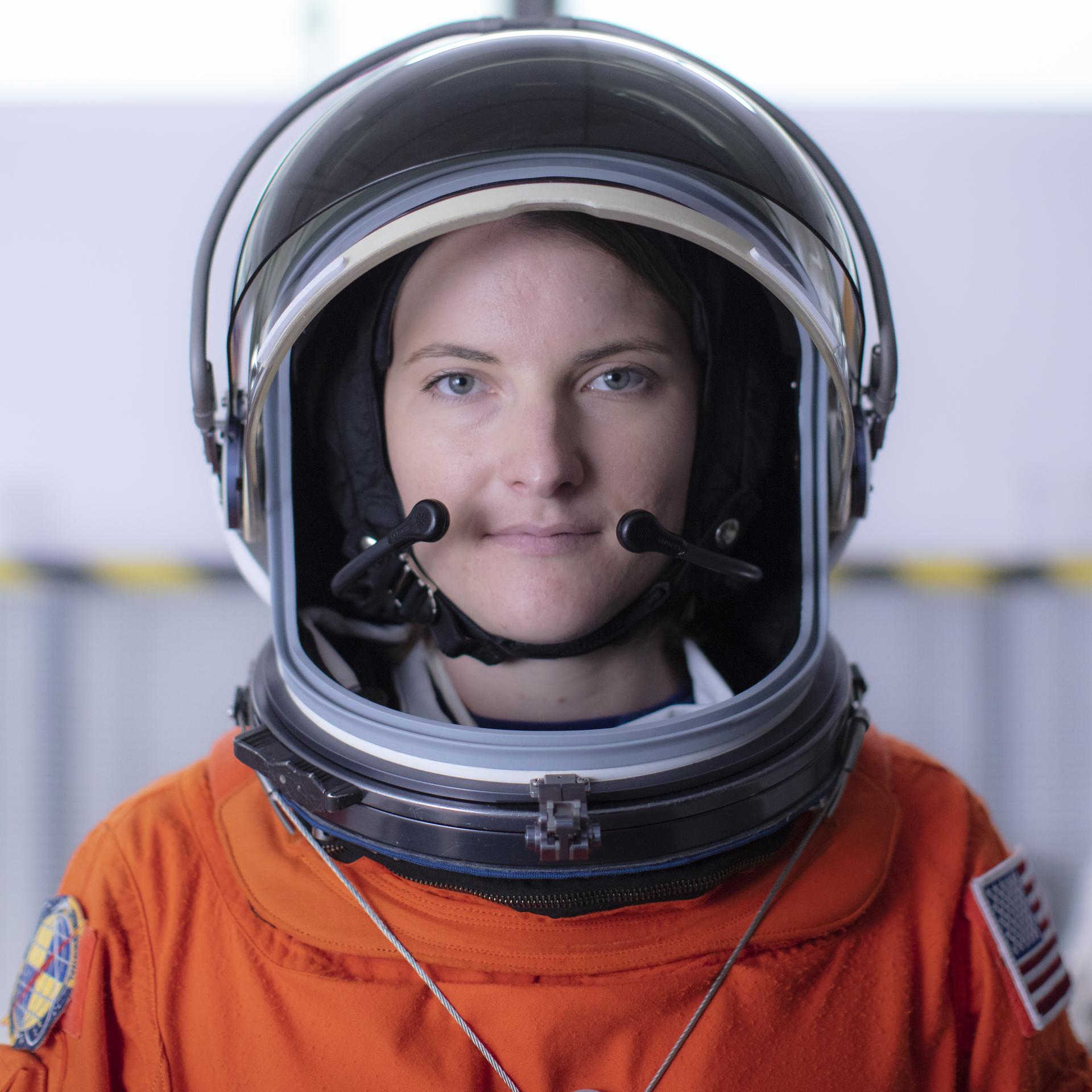 NASA astronaut candidate Kayla Barron poses for a portrait after donning her spacesuit, Friday, July 12, 2019 at NASA's Johnson Space Center in Houston, Texas. 
