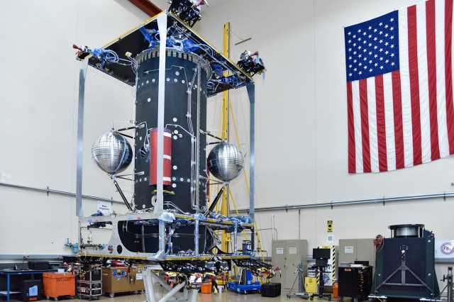 This image, taken by Maxar in their Palo Alto, California, facility, features the OSAM-1 spacecraft bus under development. The 14-foot-tall bus will provide OSAM-1 with power and the ability to maneuver in orbit.