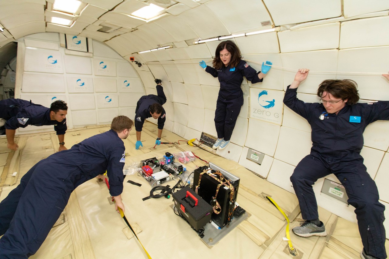 Marshall's ring-sheared drop team tests their payload in weightlessness on a Zero Gravity Corporation's G-Force One aircraft.