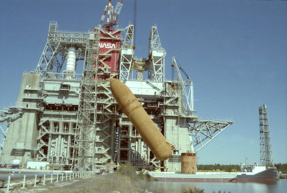space shuttle external fuel tank is removed from the B-2 Test Stand