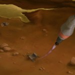 Illustration of a rocket launching off the surface the Saturn’s moon Titan.