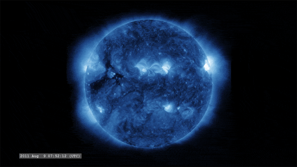 An extreme ultraviolet view of the Sun shows a bright solar flare