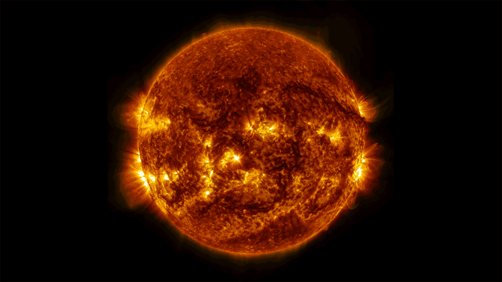An extreme ultraviolet view of the Sun shows an eruption of material 