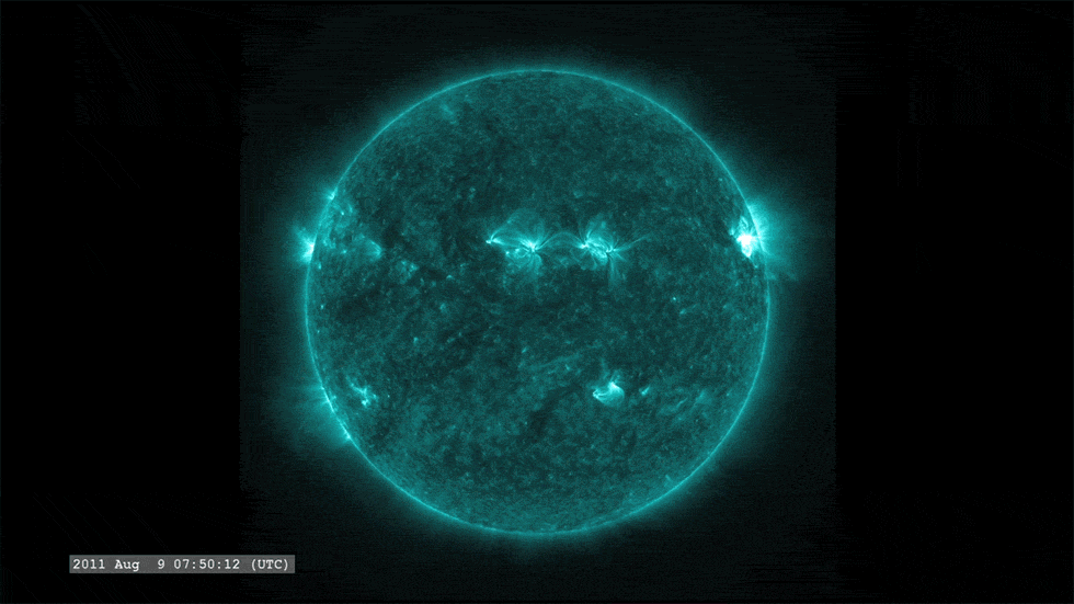 An extreme ultraviolet view of the Sun shows a bright solar flare 