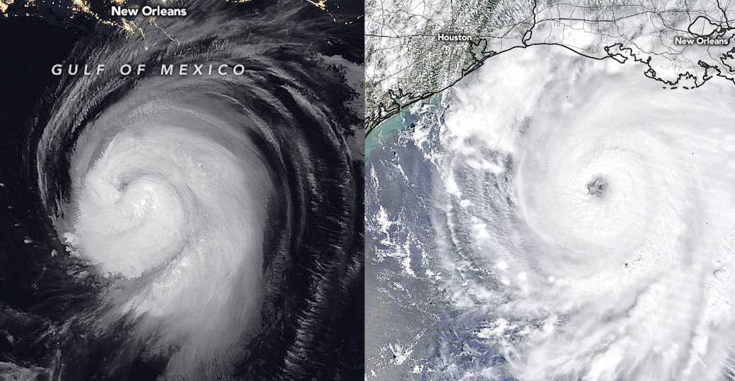 Two images side by side of a Hurricane Laura approaching New Orleans over the Gulf of Mexico, the left view in infrared and the right in natural color.
